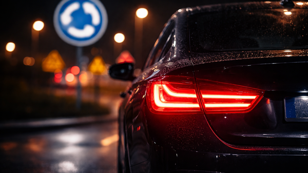 Car in night rain at roundabout